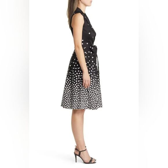AnneKlein Cotton Fit Flare Faux Wrap Black White Polka Dot Midi Dress Us6 Medium - Picture 7 of 13